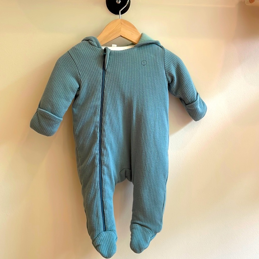 Mori - Ribbed Pramsuit in Blue & Mint. Very good condition.